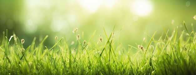 Obraz premium Dewy fresh grass in spring sun. Seasonal meadow background with light bokeh and short depth of field