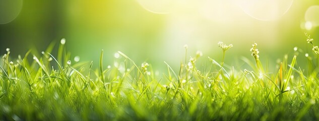 Dewy fresh grass in spring sun. Seasonal meadow background with light bokeh and short depth of field