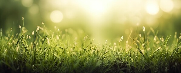 Dewy fresh grass in spring sun. Seasonal meadow background with light bokeh and short depth of field