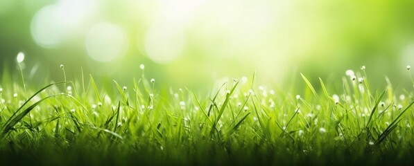 Fototapeta premium Dewy fresh grass in spring sun. Seasonal meadow background with light bokeh and short depth of field