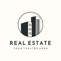 real estate land project vintage logo vector minimalist illustration design, real estate mansion logo design