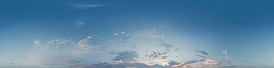 Dark blue sunset sky panorama with pink Cumulus clouds. Seamless hdr 360 panorama in spherical...