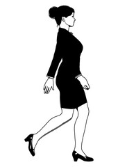 手を振って歩くスーツ姿のビジネスウーマン女性のイラスト 全身横向き 横顔 モノクロ