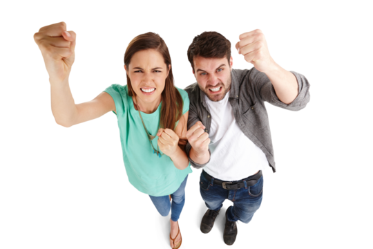 Couple, fist and fight with anger and conflict in portrait, top view and protest isolated on png transparent background. Frustrated, crisis and fail with man and woman, angry and power with punch - Powered by Adobe