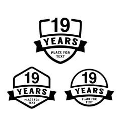 19 years anniversary celebration logotype. 19th anniversary logo collection. Set of anniversary design template. Vector illustration.
