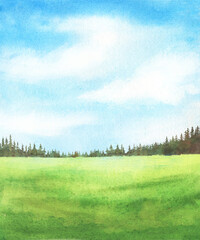 Abstract watercolor background with grass green field and blue sky with clouds, spruce trees hand drawn illustration