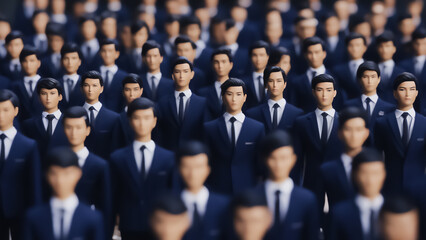 ずらりと並んだ架空のサラリーマンの人形 (AI画像生成＋画像編集ソフト）