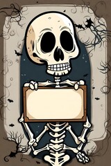A drawing of s SKELETON holding up a blank sign. 