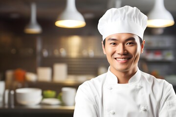 Smiling Asian male chef with a white apron and a toque in a restaurant kitchen background, professional cuisine wallpaper, Horizontal format 3:2