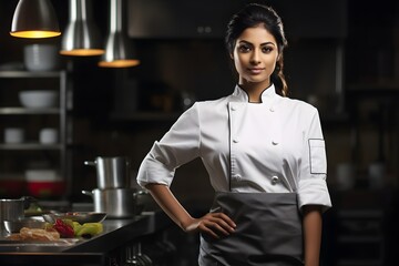 Confident Indian female chef with a white uniform in a restaurant kitchen background, professional cuisine wallpaper, Horizontal format 3:2
