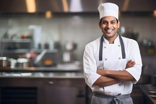 Smiling Indian male chef with a white apron and a toque in a restaurant kitchen background, professional cuisine wallpaper, Horizontal format 3:2
