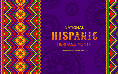 National hispanic heritage month festival banner with ethnic ornament pattern. Latin culture carnival background, Hispanic heritage festival vector flyer with mexican traditional embroidery ornament