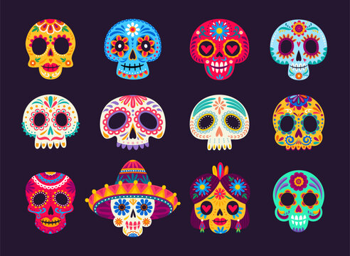 Calavera sugar skulls. Mexican dia de los muertos day of the dead holiday skulls. Cartoon vector set of male and female craniums with floral pattern. Traditional calaca heads for Death celebration