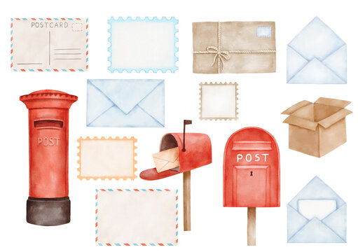 Postal watercolor set. Mailbox with letter, envelope, parcel and postage stamp isolated on white background