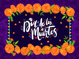 Dia de los muertos mexican holiday banner with marigold cempasuchil flowers and national ornament. Vector background for cultural holiday and memories of deceased loved ones celebrating traditions - obrazy, fototapety, plakaty