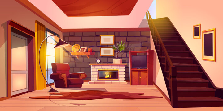 Living room with working fireplace, armchair and carpet nearby, and steps upstairs. Cartoon vector illustration of cozy home interior with light from large window with curtain. House or chalet inside.