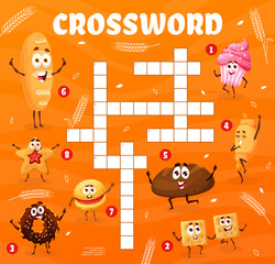 Crossword quiz game grid, cartoon pastry, bakery and cookie characters, vector kids worksheet. Funny muffin cupcake, croissant and chocolate donut with crackers on crossword grid to guess word