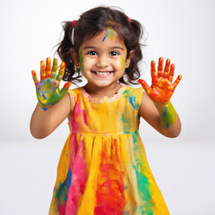 Indian little girl child showing her colored hands and smiles