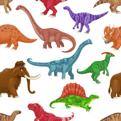 Cartoon dinosaur characters seamless pattern. Textile vector backdrop, fabric print with Tarbosaurus, Dimetrodon, Parasaurolophus and Centrosaurus, Plateosaurus dinosaurs, reptiles funny personages