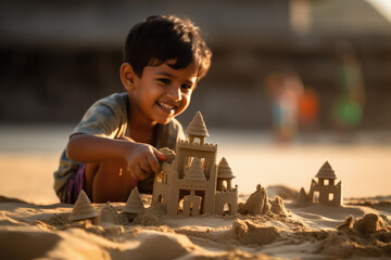 Indian little boy making fort from soil and sand