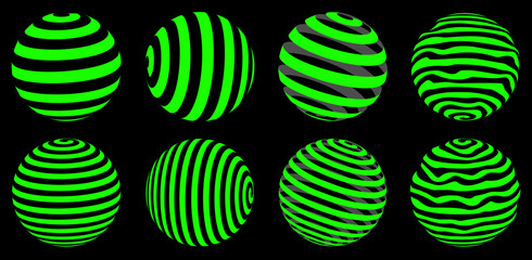 Collection of green spheres with simple patterns. 3d balls set. Green and black geometric elements for design templates, icons, logo. Abstract vector globes pack on the black background. 10 EPS