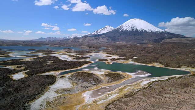 Aerial view of the stuning Lauca National Park in Chile - dolly forward, drone shot