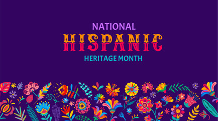 National hispanic heritage month flyer with tropical flowers pattern. Festival banner with alebrije plants. Vector event announcement for celebrating annual hispanic traditional festival - obrazy, fototapety, plakaty