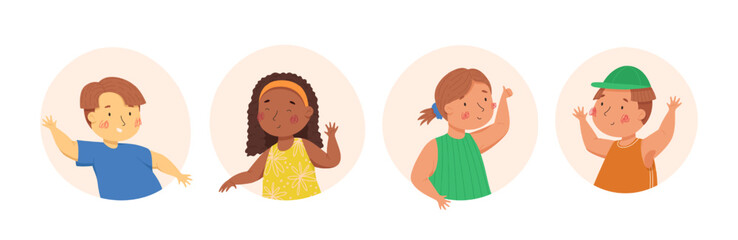 Happy children in the colorful circles and the white background. Vector cartoon illustration. Multiculturalism and diversity. Boys and girls with funny faces and emotions. Cute kids characters. Ideal