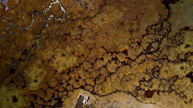 Aerial view over of the scenic Chungara Lake and Parinacota volcano, Chile - dolly forward, drone shot