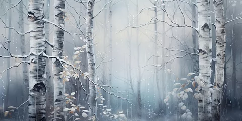 Fotobehang illustration of a frosty morning in a birch forest, generative AI © VALUEINVESTOR