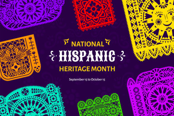 National hispanic heritage month festival banner with papel picado flags. Mexican and Spanish carnival banner, Hispanic heritage holiday vector flyer with mexican papel picado paper cut garland