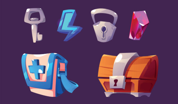 Game icon kit - cartoon assets of lock and key, blue lightning and pink gem stone, closed wooden chest box and first aid medicine bag. Vector illustration of gui elements and rpg trophy or rewards.
