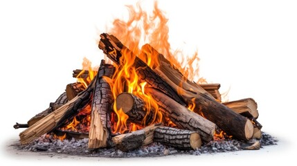 A fire pit with logs and flames on a white background, created by Generative AI - obrazy, fototapety, plakaty