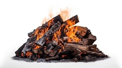 A fire pit with logs and flames on a white background, created by Generative AI