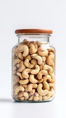 Cashew nuts in a glass jar on a white background, created by Generative AI