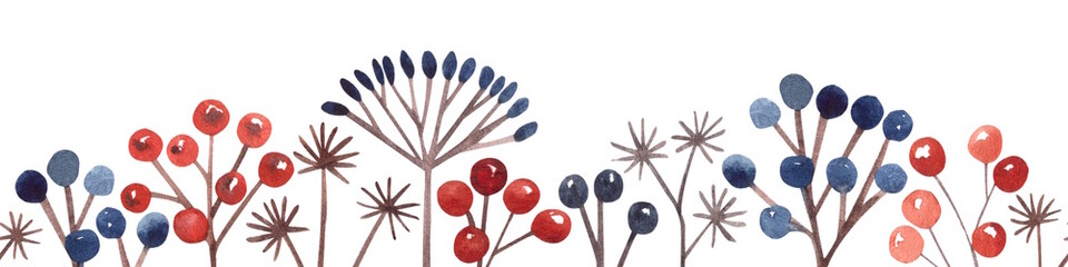 Seamless border of hand-painted watercolor botanical elements. Red and blue winter berries, seeds, dry branches and twigs. For the design of Christmas and wedding cards and invitations.