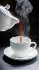 The steam from Pouring coffee into cup , A cup of fresh coffee on old kitchen table. with copy space. ,hot food and healthy meal concep