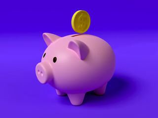 3d piggy bank with coin  on blue background.