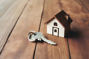 Renting house and real estate concept. House model and House key on wooden background. Financial and banking, Refinance, Home loan, Mortgage, Investment, Plan to get new home, find for buy or rent.