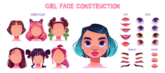 Girl face construction kit. Cartoon facial parts for creation female child avatars with different nose, eyes and brows, hair. Vector illustration of head elements set for caucasian kid face generator.