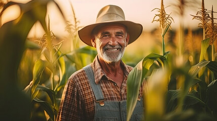 Agriculturist, Portrait of Happy senior farmer in growing corn field. agriculture. Generative Ai - obrazy, fototapety, plakaty