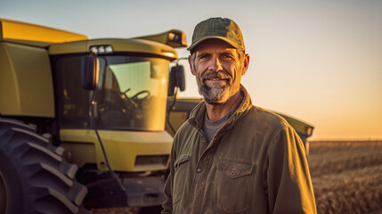 Fototapeta na wymiar Agriculturist, Portrait of Happy farmer standing near a tractor or a combine harvester in corn field. agriculture. Generative Ai