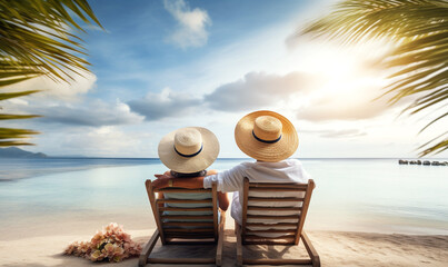 Obraz premium Paar mit Sonnenhut sitzt in Liegestühlen am Strand und schaut aufs Meer