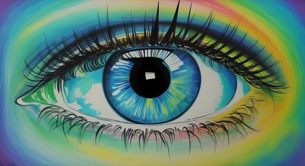 A surreal and full-aspect-ratio pop art painting of an eye, with a mix of abstract shapes and vivid colors. Image created using artificial intelligence.