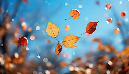 High quality stock photography autumn leaves falling in the sky,Autumn colors.generative ai