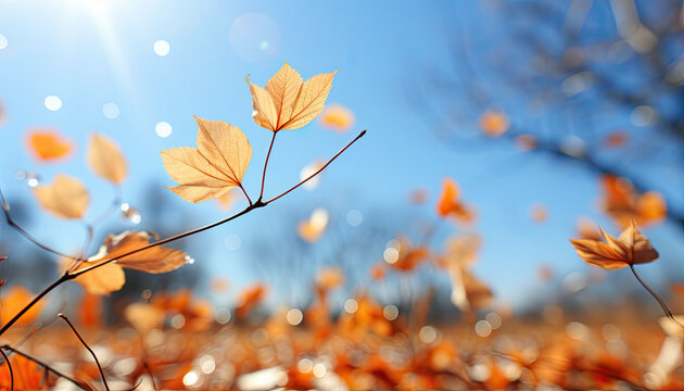 High quality stock photography autumn leaves falling in the sky,Autumn colors.generative ai