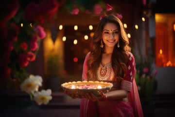 Indian woman holding diya or oil lamp in hand. diwali festival concept.