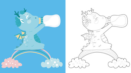 Coloring baby dragon drinking milk from the bottle. Cute dragon vector illustration. Coloring activity for children. Printable educational coloring worksheet. 