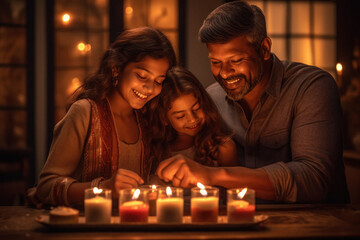 Indian family flaming diya in diwali festival.