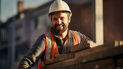 Portrait of happy construction bricklayer worker at construction site. Smiling bricklayer with safety vest and hat - obrazy, fototapety, plakaty